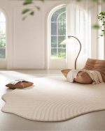 Minimalist Luxury Irregular Shaped Area Rug Cream White Curved Striped Texture Indoor Rugs 10x16 for Livingroom Bedroom Diningroom Nursery Dorm Guestroom Modern Neutral Washable Non Slip Soft Carpet