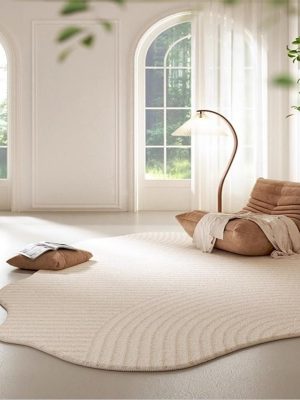 Minimalist Luxury Irregular Shaped Area Rug Cream White Curved Striped Texture Indoor Rugs 10x16 for Livingroom Bedroom Diningroom Nursery Dorm Guestroom Modern Neutral Washable Non Slip Soft Carpet