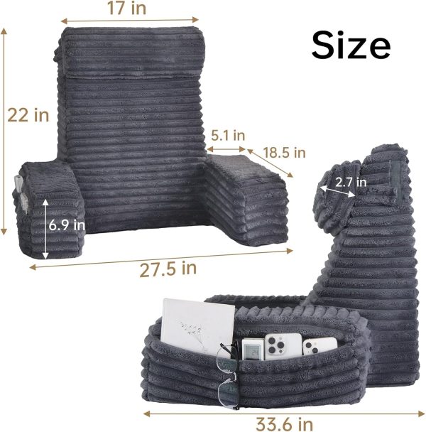 22" XL Back Pillow for Bed Sitting Up, Reading Pillow with Armrests & Big Pockets, Soft Back Support Chair for Watching TV, Gaming, Nursing, Resting and Post Surgery