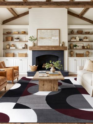 Burgundy Modern Geometric Area Rug, Overlapping Circle Pattern, Non-Shedding, High-Impact Focal Piece for Grand Living Room, Dining Room and Office, 10' x 14'