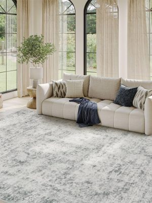 5x7 Area Rugs for Living Room Bedroom, Grey Washable Rug, Vintage Abstract Boho Rug, Non Slip & Low Pile Faux Wool Carpet for Indoor Dining Room and Farmhouse(Grey 5x7ft)