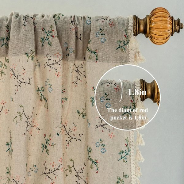 Floral Bedroom Curtains 84 Inch Length 2 Panels Set Semi Sheer Living Room Drapes Cotton Linen Blend Bohemian Window Curtain Panels with Tassel Beige Rod Pocket Drapes
