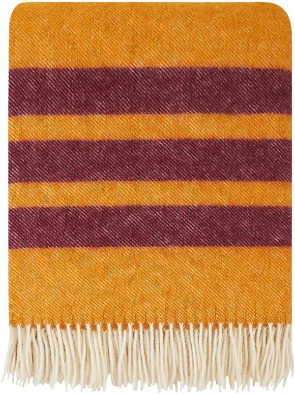 New Zealand Virgin Wool Throw Blanket, Indoor & Outdoor Blankets and Throws, Striped Soft Blanket with Fringes, 55 x 79 in (140 x 200 cm), Mustard Red