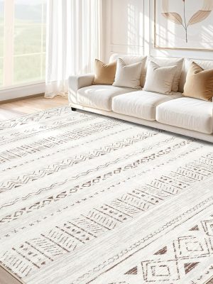 5x7 Area Rug for Living Room, Washable Non-Slip Large Area Rug, Indoor Floor Carpet Low Pile Soft Boho Farmhouse Rug for Bedroom Dining Room (Light Brown/Cream,5'x7')