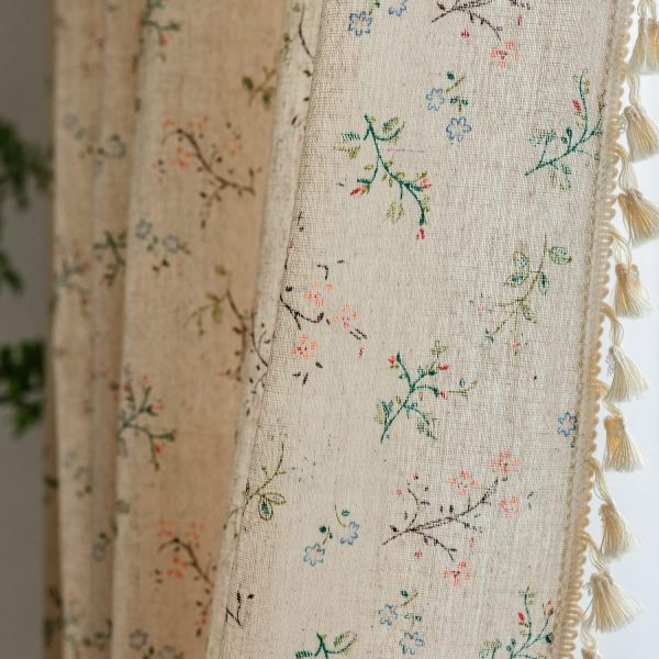 Floral Bedroom Curtains 84 Inch Length 2 Panels Set Semi Sheer Living Room Drapes Cotton Linen Blend Bohemian Window Curtain Panels with Tassel Beige Rod Pocket Drapes