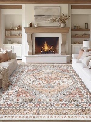 8x10 Area Rugs for Living Room,Non-Slip Backing Washable Rugs,Vintage Large Area Rug,Stain Resistant Home Decor Rug (Orange,8'x10')