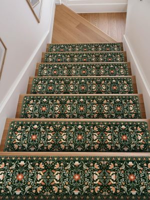 Floral Stair Treads Non-Slip Stair Runner for Wooden Steps Indoor 15PCS 30"x8" Carpet Stair Treads Stair Mats Staircase Step Treads for Kids, Elders and Dogs, Stair Covers, Black