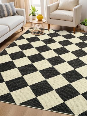6x9 Modern Checkered Area Rug, Geometric Farmhouse Washable Rugs for Living Room Bedroom, Soft Low Pile Non Slip Diamond Floor Mat Plaid Print Throw Rug Indoor Carpet Kids Room Classroom