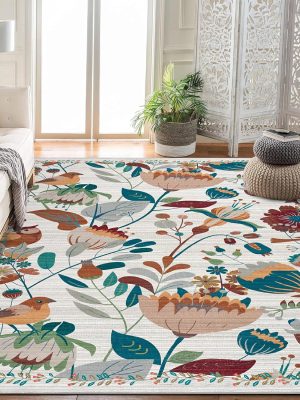 Bohemian Bird Area Rug Washable Floral Bedroom Low-Pile Soft Playroom Carpet, Jungle Pattern Vintage Indoor Floor Rug for Living Room and Nursery 10'x13' Beige