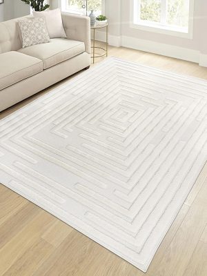 Collection High-Low Striped Cream Indoor Area Rug, 9'x12', Modern, Contemporary, Geometric, Bohemian, Bedroom, Kitchen, Living Room, Non Shedding Carpet