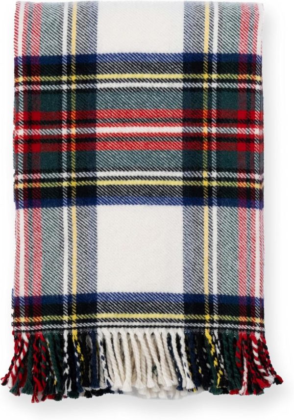 Premium Classic Holiday Decorative Throw Blanket 50"x70" Heavyweight 100% Ultra Fine Merino Wool Navy Red Beige Woven Royal Stewart Tartan Plaid