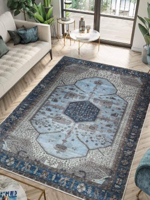10x14 Rug - Machine Washable Area Rug with Non-Slip Backing, Ideal for Living Room, Dining Room, Bedroom - Vintage, Easy Clean, Durable, Low Pile Rug - (9'7" x 14')