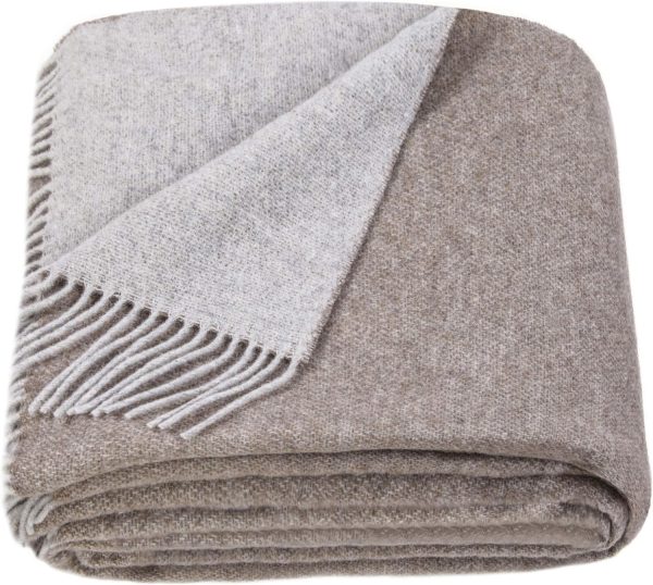 Merino Wool Blanket - Warm Throw for Cold Weather, Warmest Travel Outdoor Camping Blankets, Picnic Army and Military Throws, Comforter Soft & Cozy 55 x 79 Light Brown - Light Grey Double-Sided