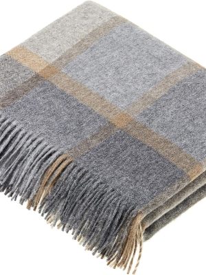 Wool Plaid Throw Blanket, Merino Lambswool, Block Windowpane Beige Grey, Made in UK
