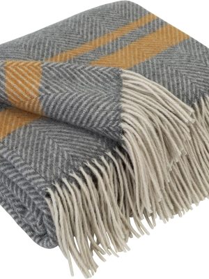Merino Wool Blanket - Warm Throw for Cold Weather, Warmest Travel Outdoor Camping Blankets, Picnic Army and Military Throws, Comforter Soft & Cozy (55 x 79 Grey with Mustard and White Stripes)