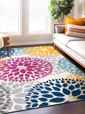 Modern Floral Circles Design for Living Room,Bedroom,Home Office,Kitchen Non Shedding Area Rug 10' x 14' Multi
