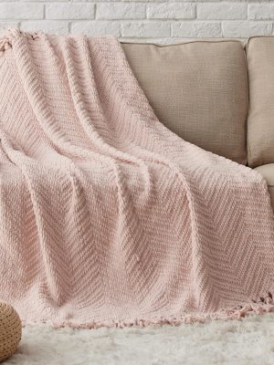 Throw Blankets for Couch - Textured Knit Woven Chenille Blanket - Super Soft, Warm Decorative Boho Throw with Tasls for Bed, Sofa and Living Room, Pink, 50x60 Inches