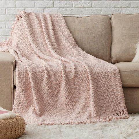 Throw Blankets for Couch - Textured Knit Woven Chenille Blanket - Super Soft, Warm Decorative Boho Throw with Tasls for Bed, Sofa and Living Room, Pink, 50x60 Inches